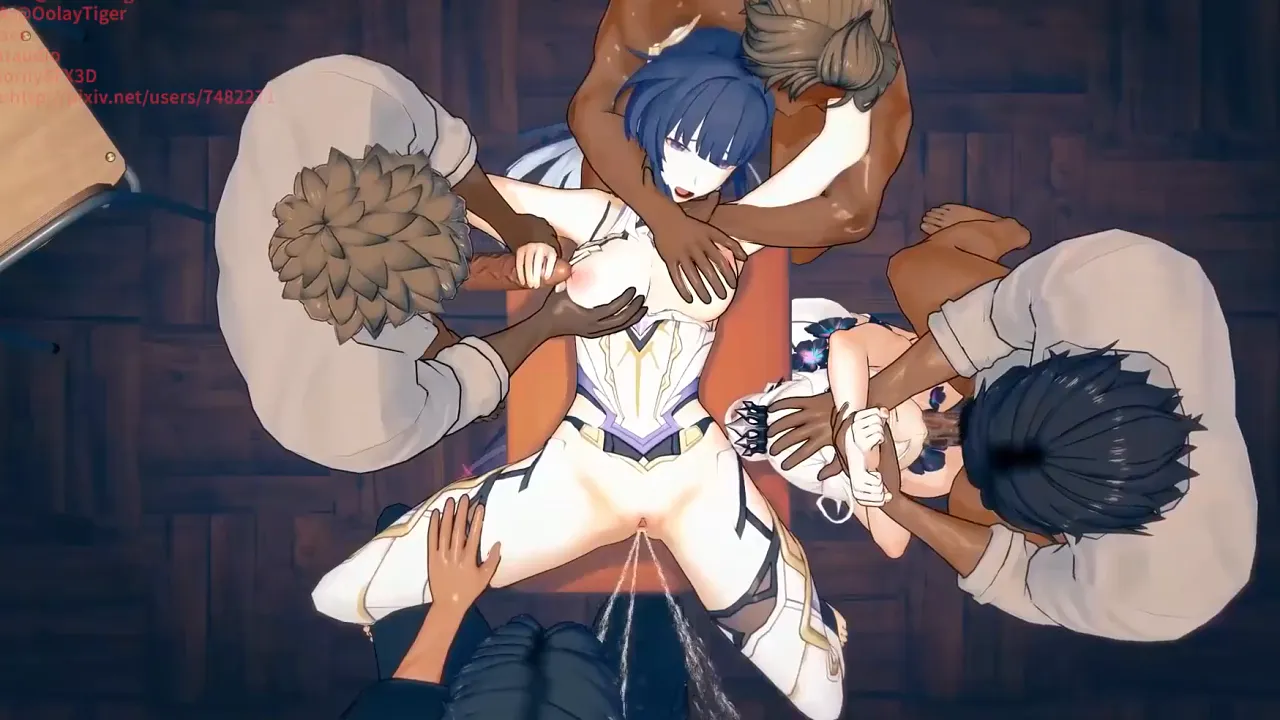 Two busty babes have threesome sex with a big-dicked man in hentai parody of Honkai: Star