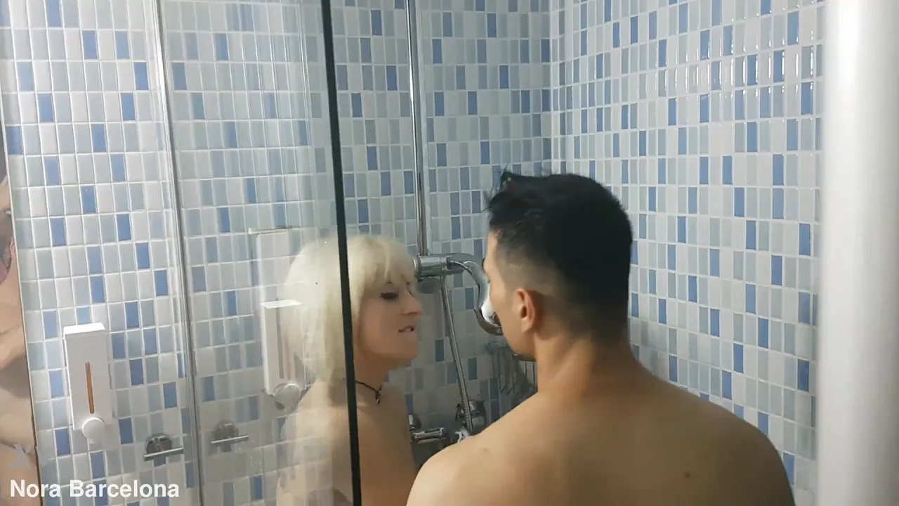 Blonde Nora Barcelona fucks Italian guy and licks his pussy under the shower