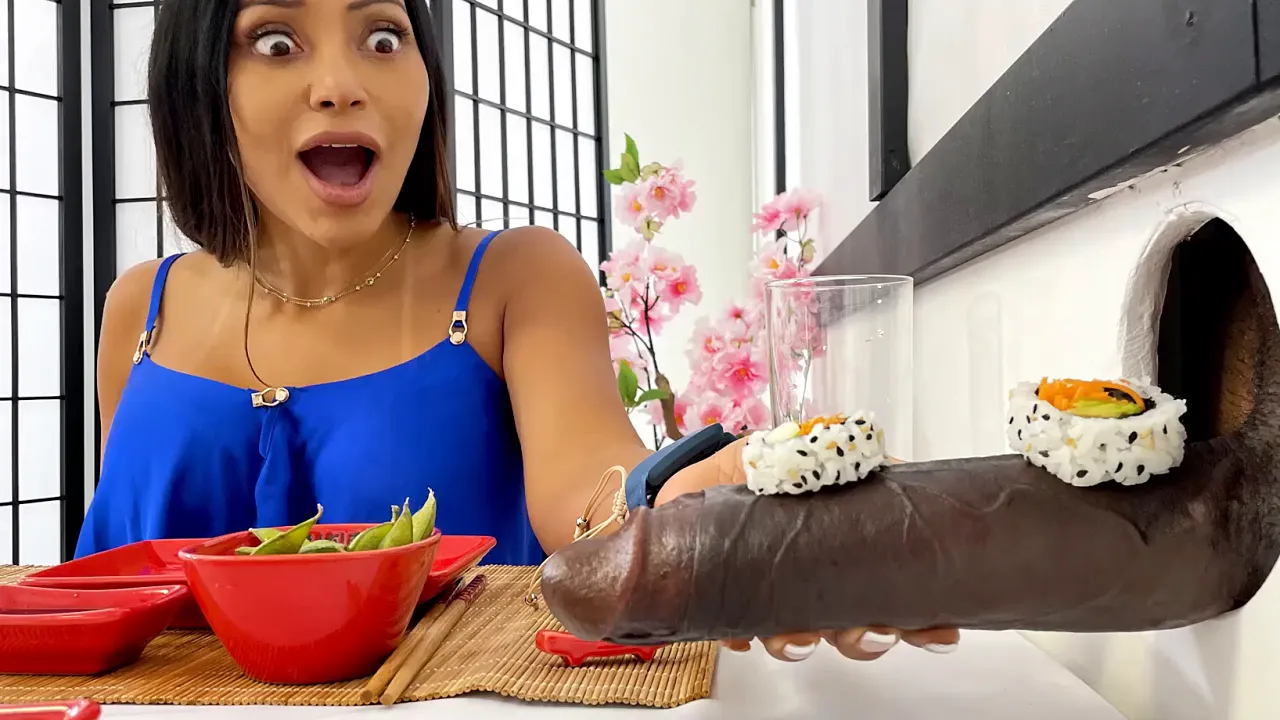 Black glory hole serves sushi rolls and BBC to hungry girls