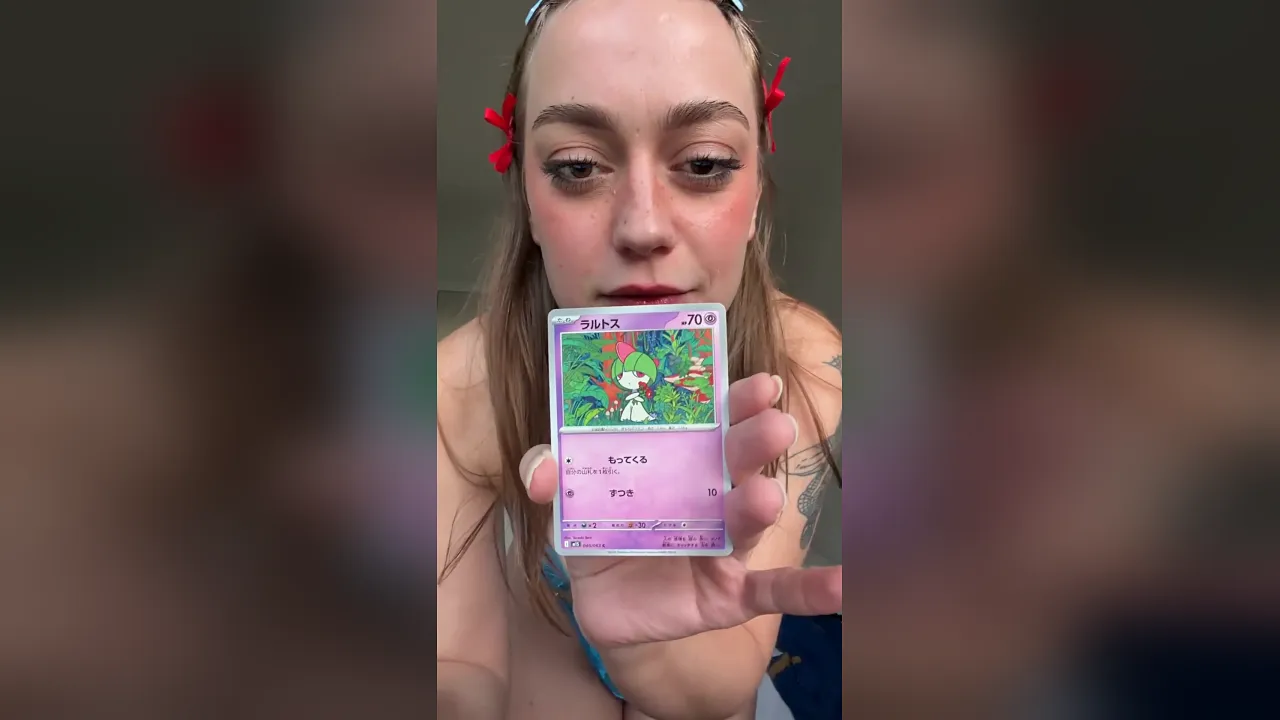 Brunette babe SpideyAva rips Pokemon cards in lingerie while showing off her hairy bush