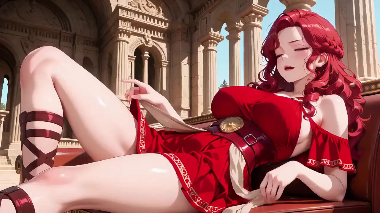 Redheaded warrior teases in the grand colonnade with her bare big ass on display