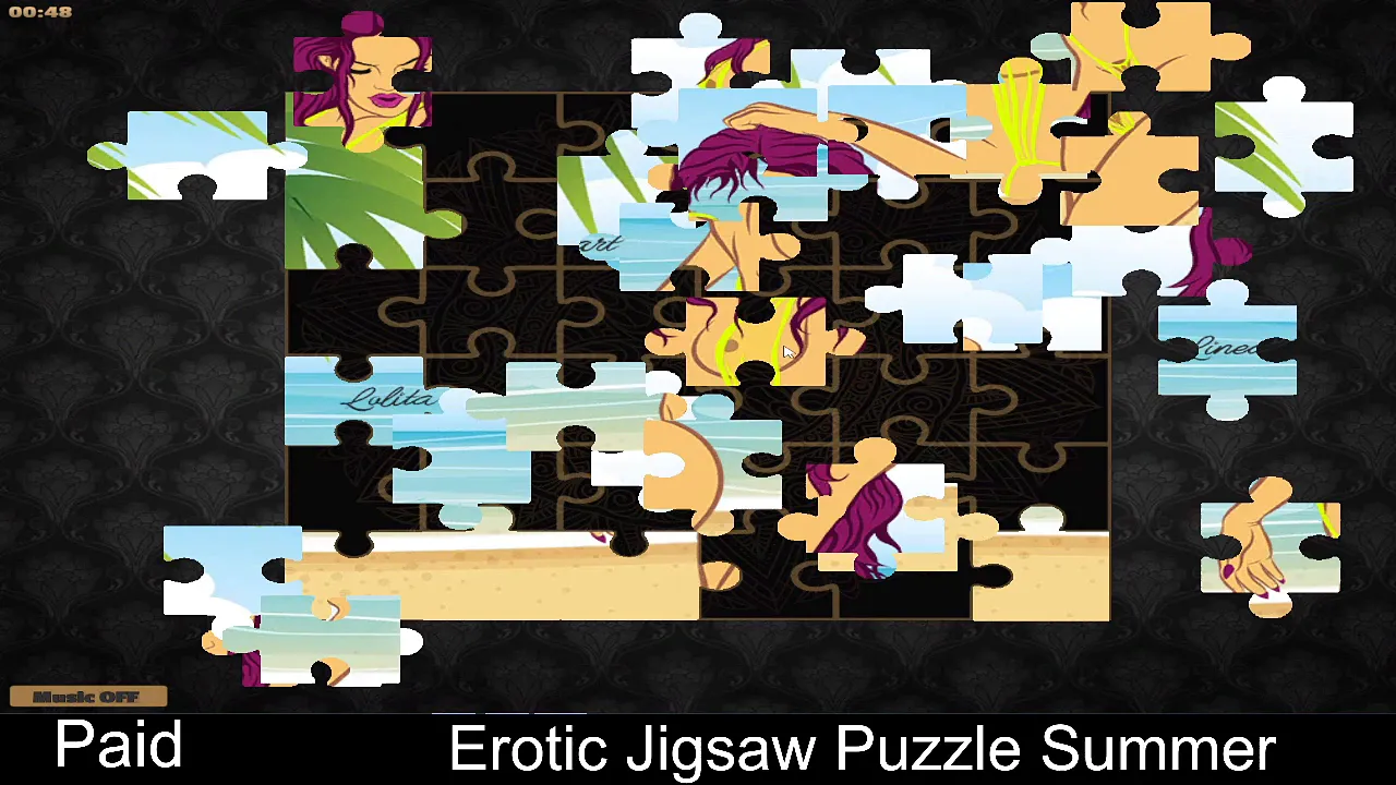 Cartoon girl solves a colorful jigsaw puzzle game in summer