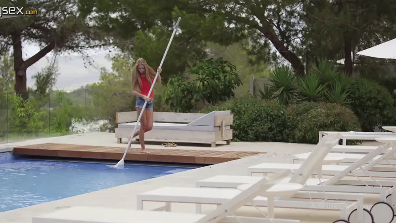 Slim blonde solo masturbates to orgasm on the terrace