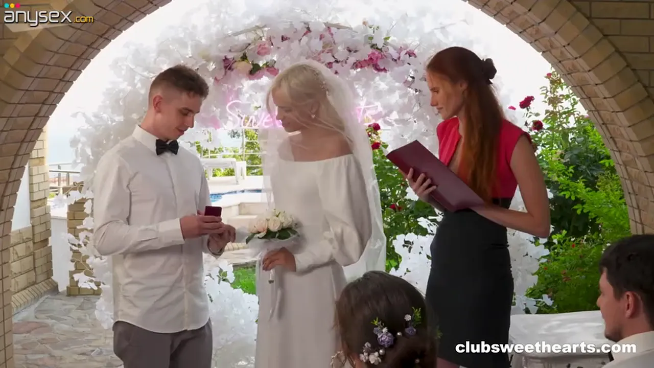 Cheating blonde bride in stockings sucks her ex and has sex with him on her wedding day
