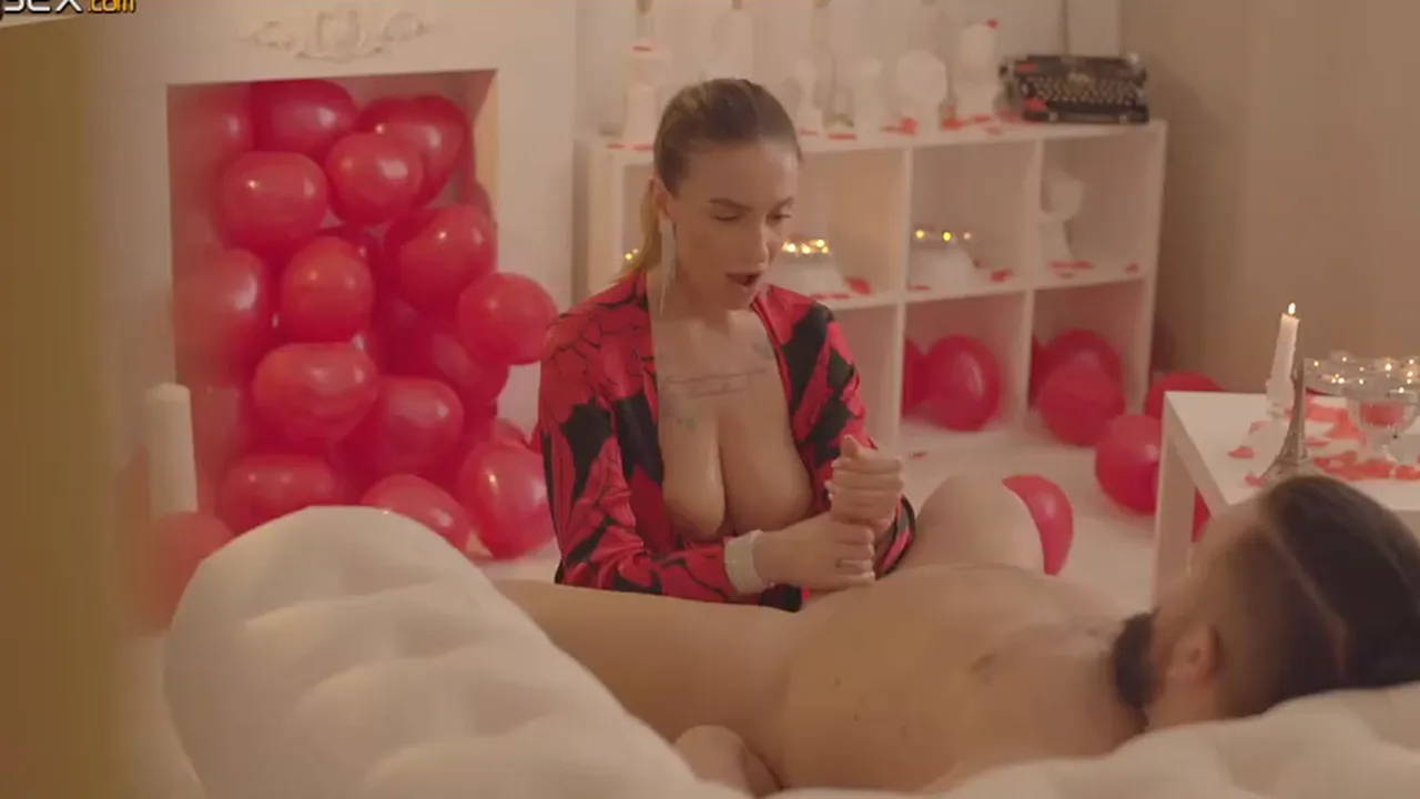 Busty blonde wife gives deepthroat blowjob, tit-fuck and milks her husband