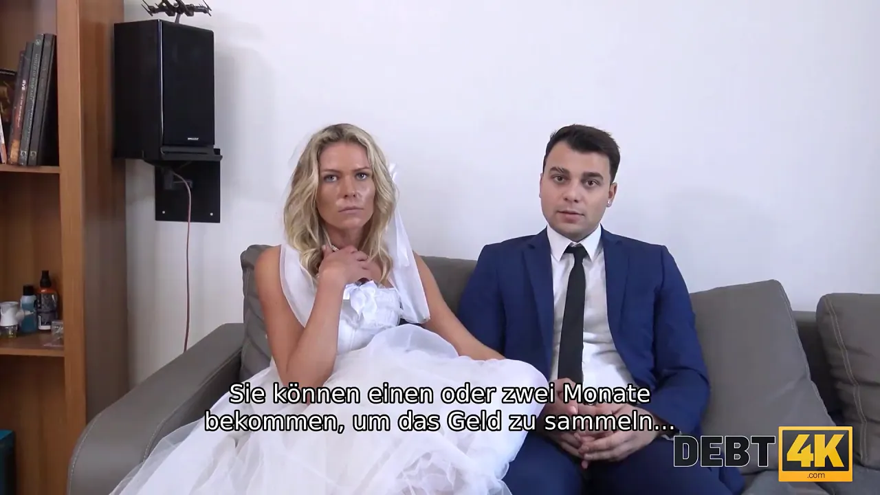 Debt collector Claudia Mac fucks her blonde bride customer in a white dress and stockings