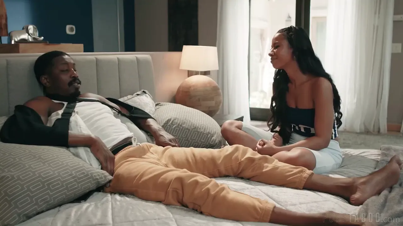 Ebony stepdaughter rides her stepdad's huge black cock in romantic bed scene