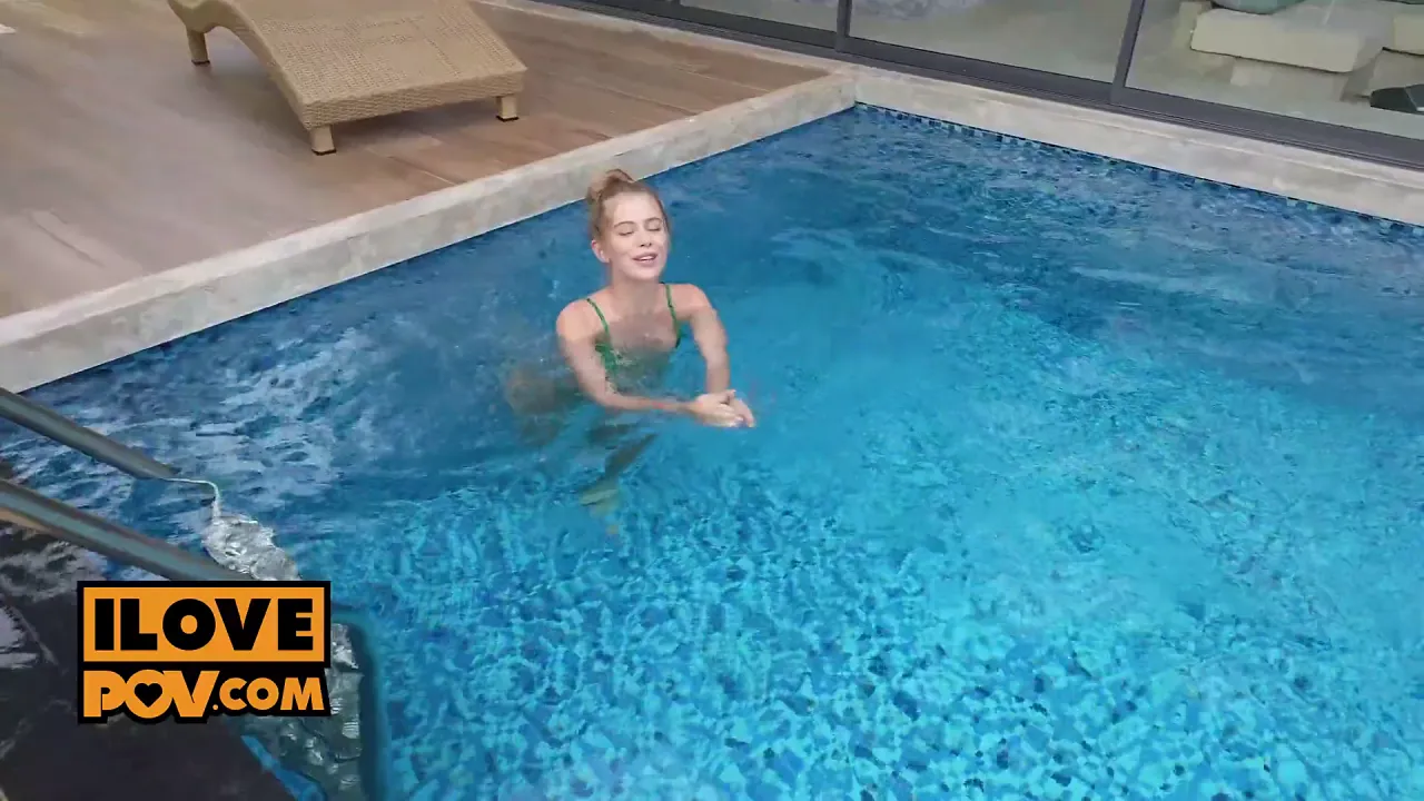 POV: Horny hottie Little Angel sucks cock and fingers herself in hardcore poolside action