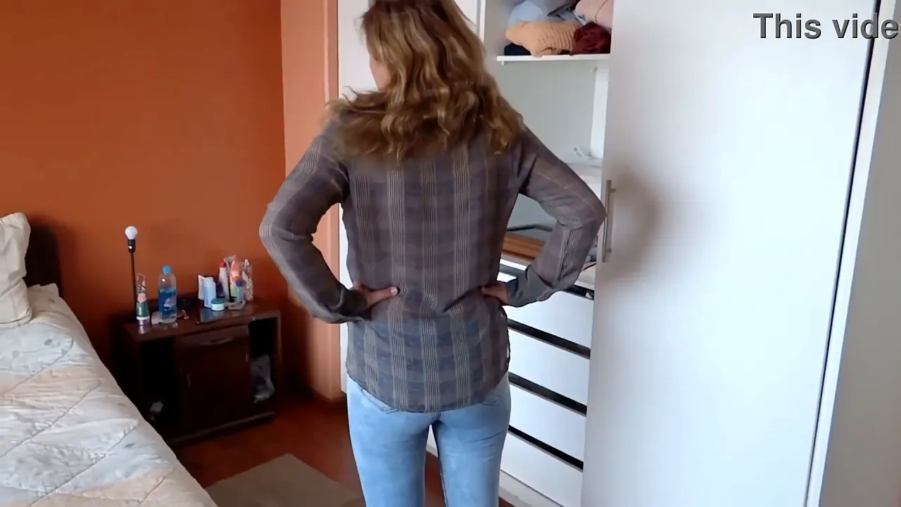 Blonde MILF stepmom strips naked and puts on jeans with no panties
