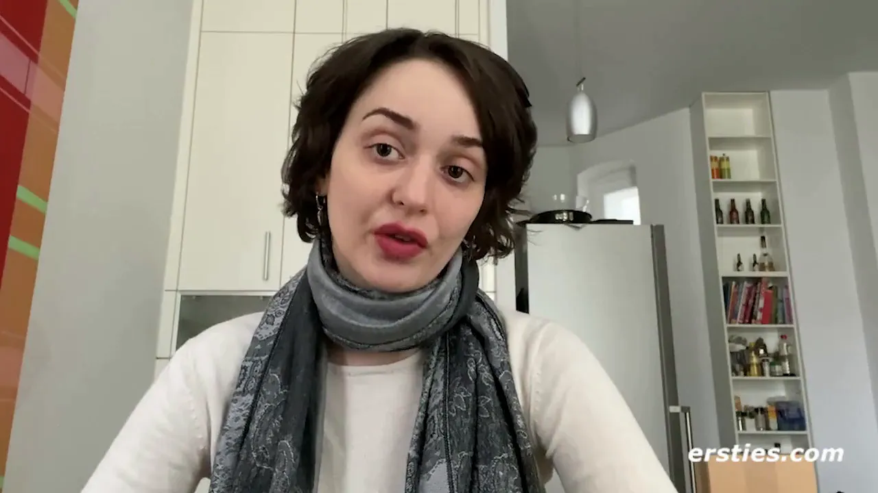 Solo brunette masturbates with her big natural tits and fingers her pussy