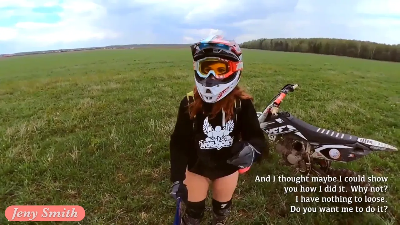 Jeny Smith rides her dirt bike naked outdoors
