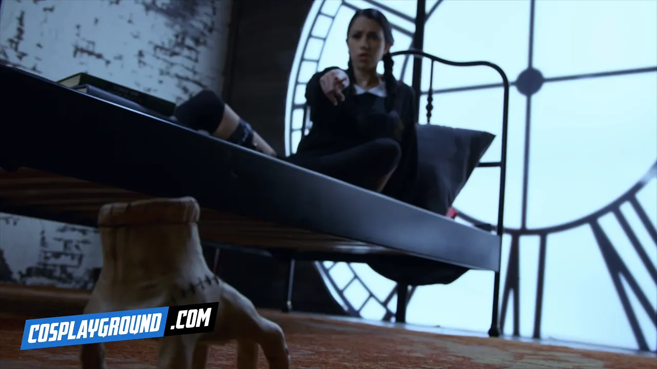 Athletic brunette Alex Coal cosplays as Wednesday Addams for a solo masturbation scene