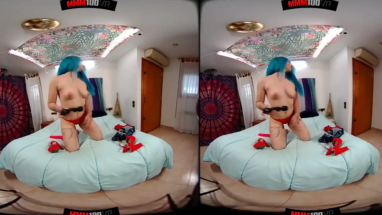 VR 180 video shows Monica Mavi stripping and using a dildo on her ass