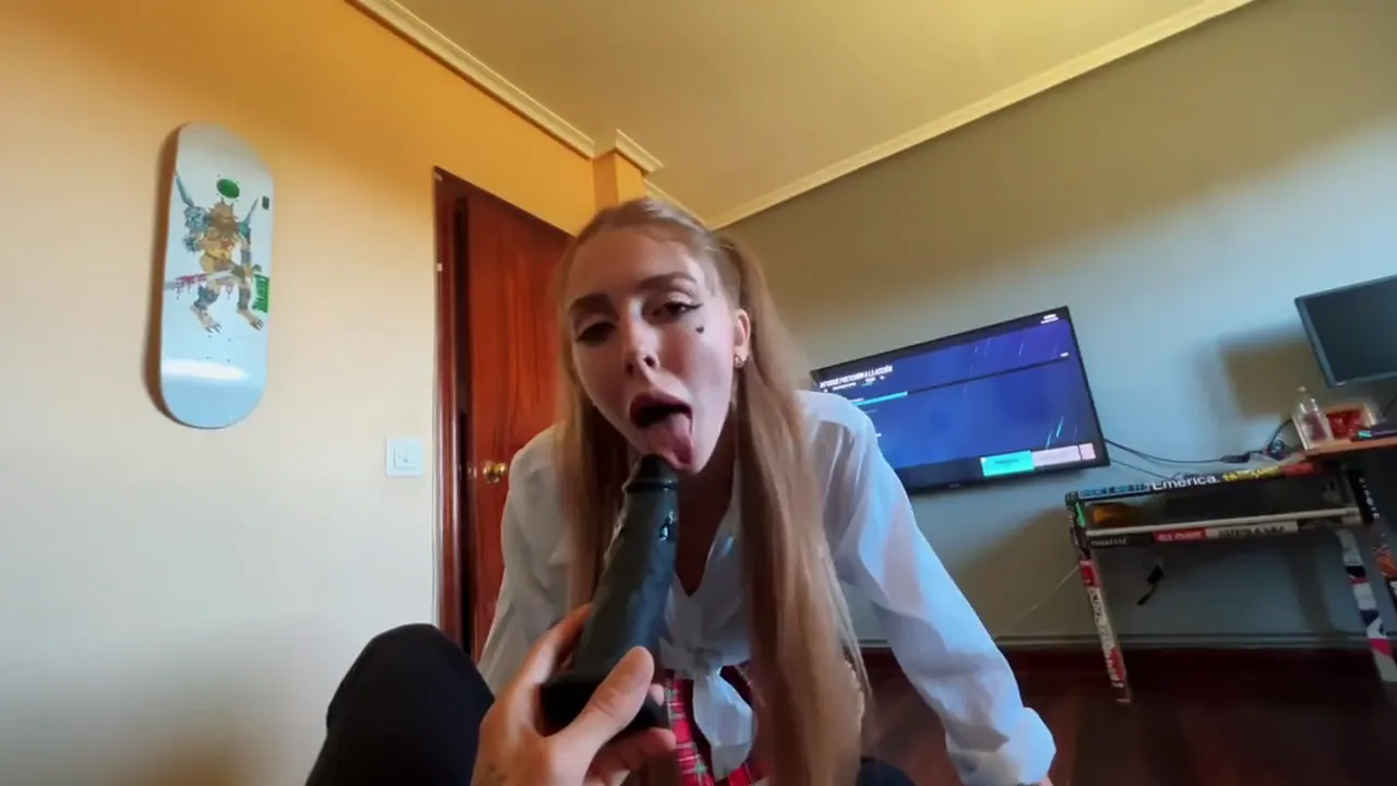 Blonde in pigtails toys her tight holes and has vibrator orgasms