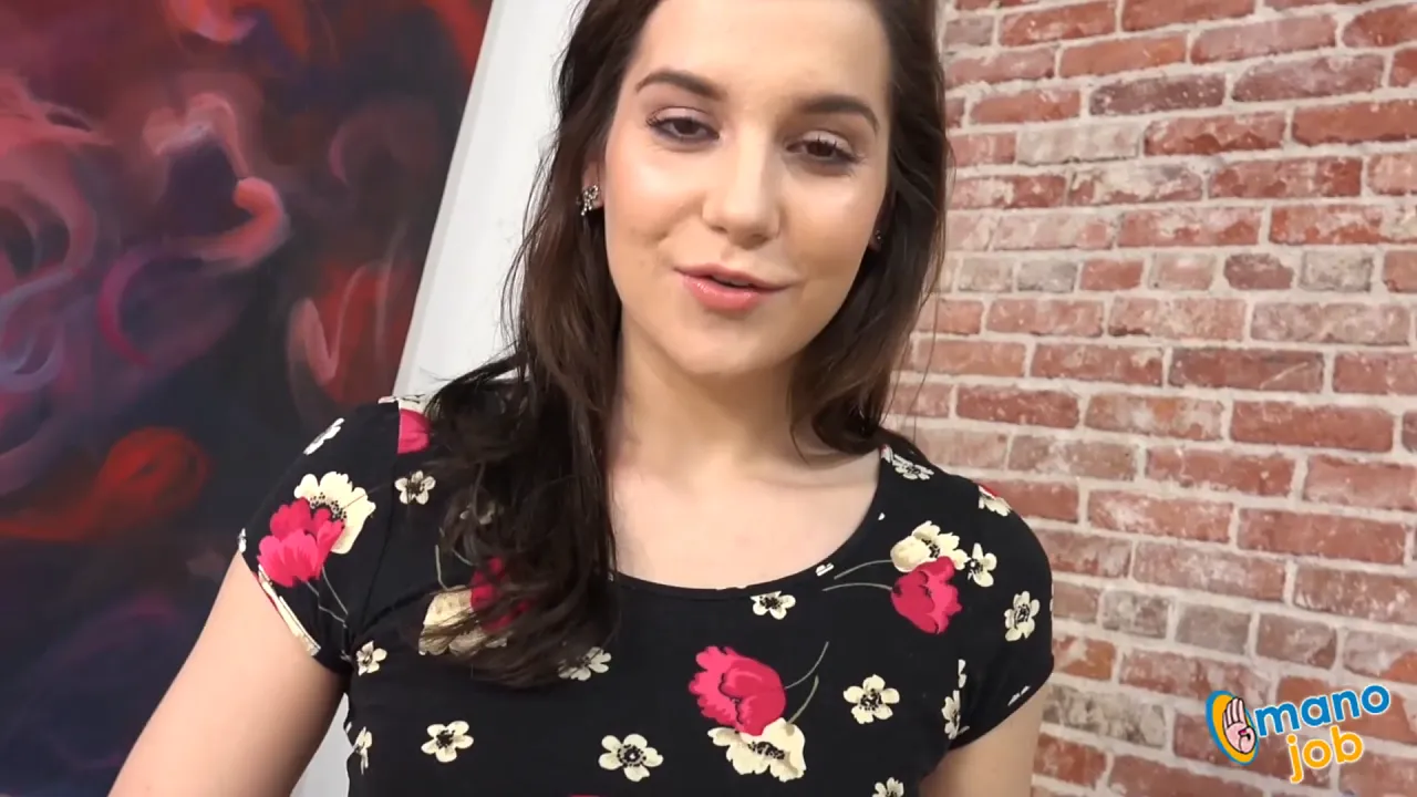 Gorgeous brunette Kasey Warner teases with her small tits then jerks off a big cock in