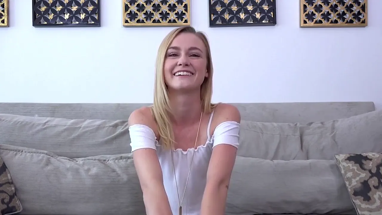 Petite blonde with tiny tits gets fingered and fucked on her first adult casting