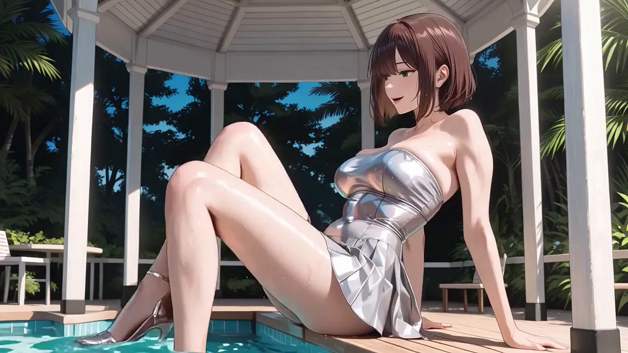 Brunette with big tits in bikini gets creampie after intense blowjob