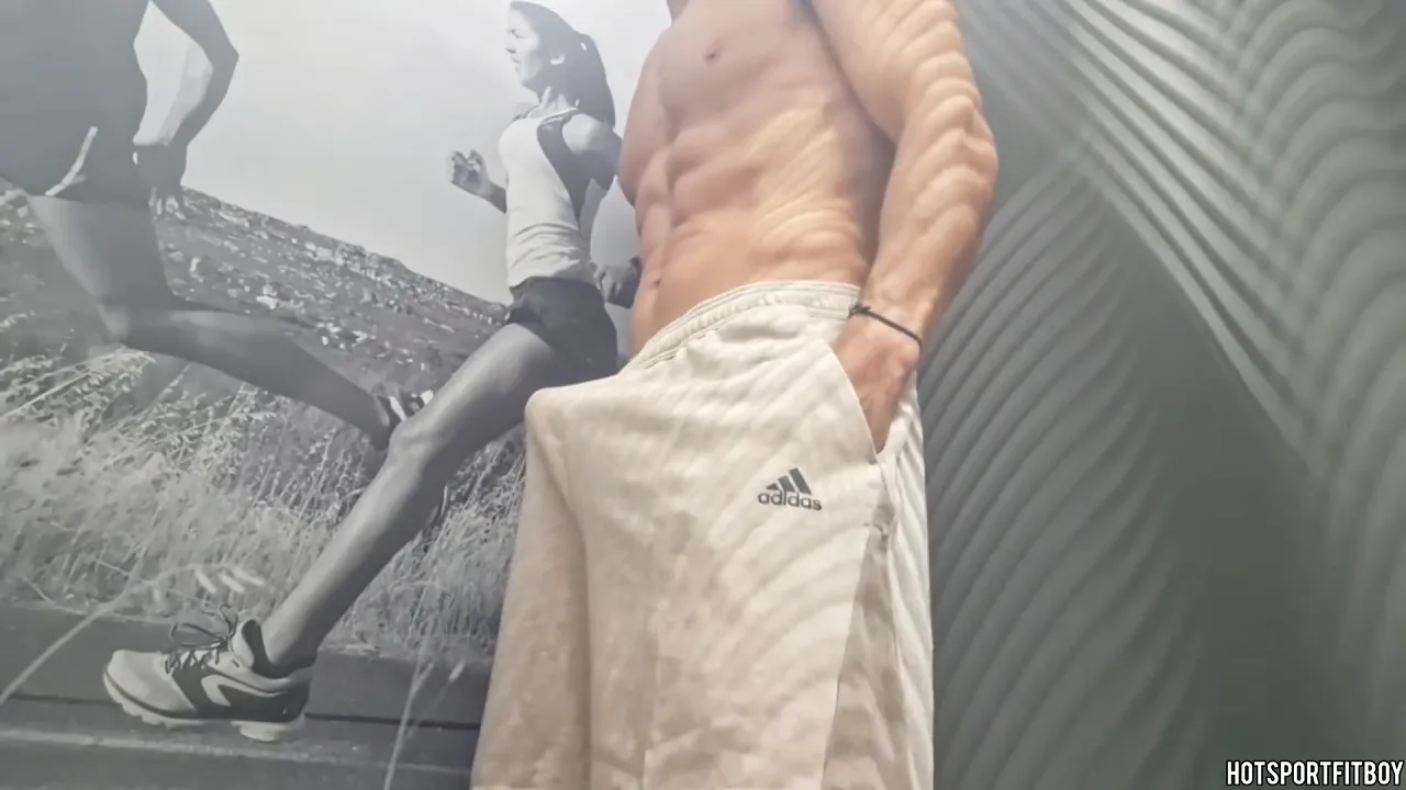 Fit couple undresses and masturbates in a private dressing room, then she sucks his big