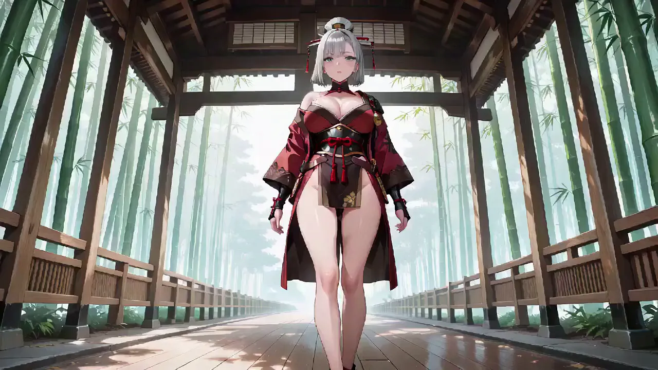 Silver-haired samurai teases kneeling woman in open kimono