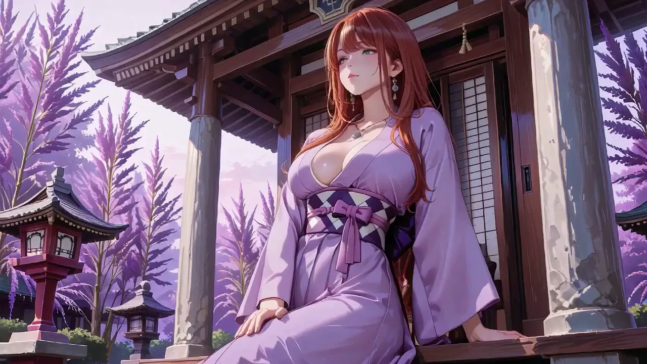 Kimono-clad big-titted woman kneels and teases in a corridor by a torii gate