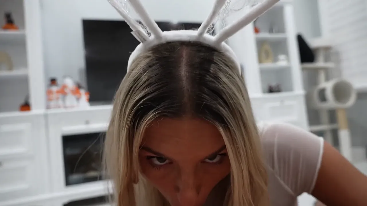 College babe Ambie Bambii blows POV cam guy before getting facial at Halloween party
