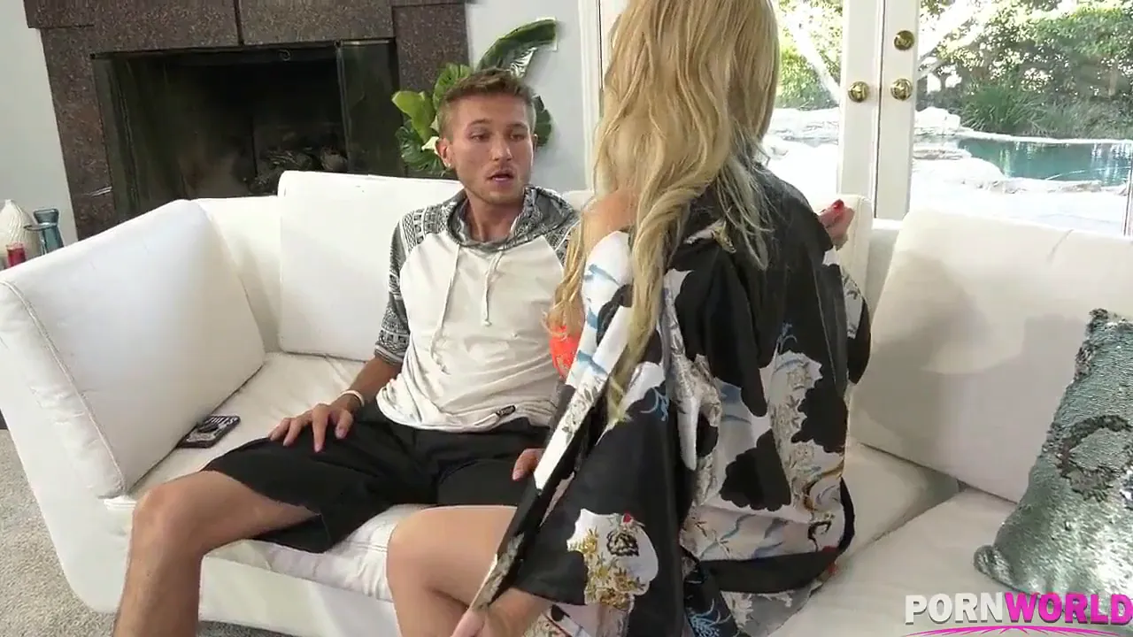 Blonde MILF forces stepson to give her a deepthroat blowjob and cums in her mouth