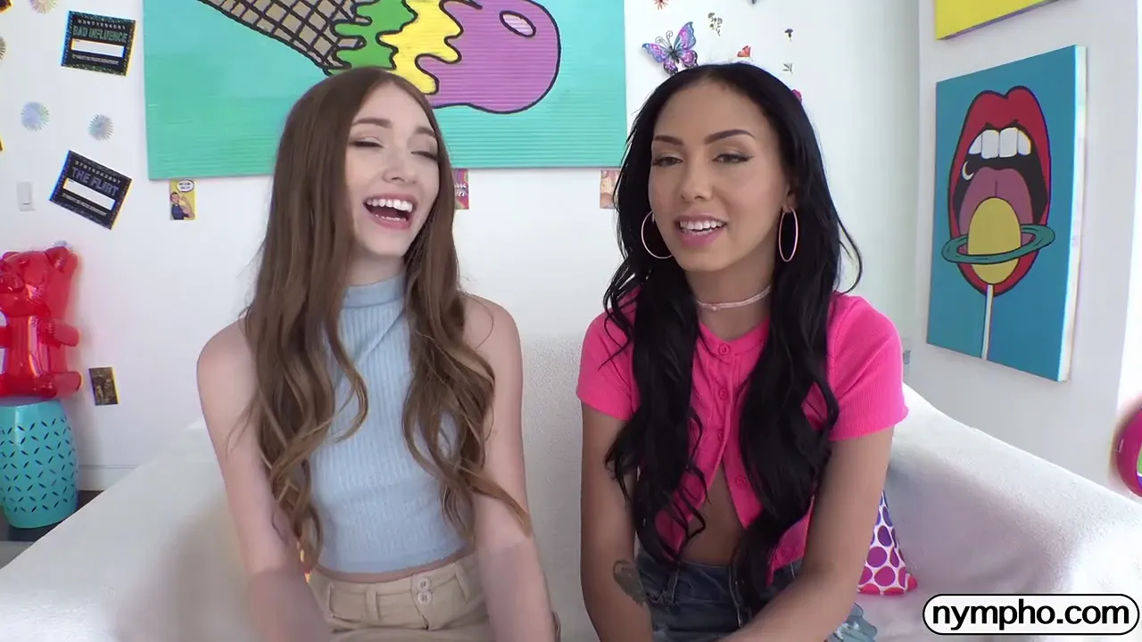 Two blonde and brunette college girls have a threesome in casting, then share cock and