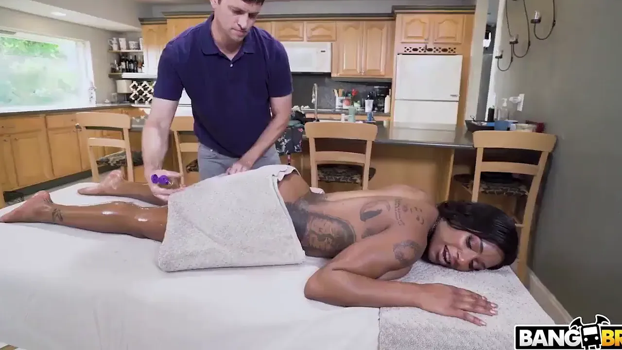 Ebony babe with huge tits gets horny during massage, seduces white boy for intense