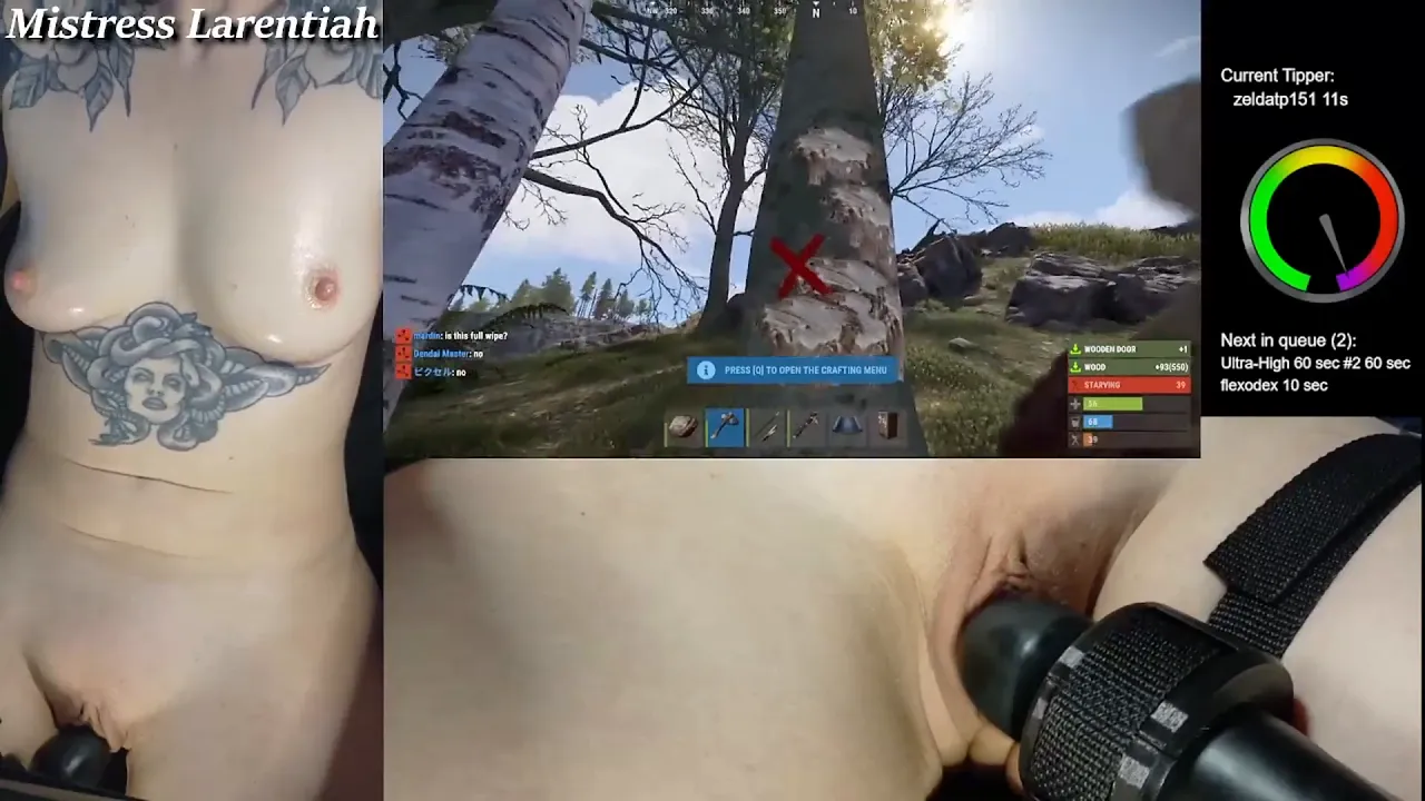 Goth gamer girl Mistress Larentiah teases herself with a magic wand and edging