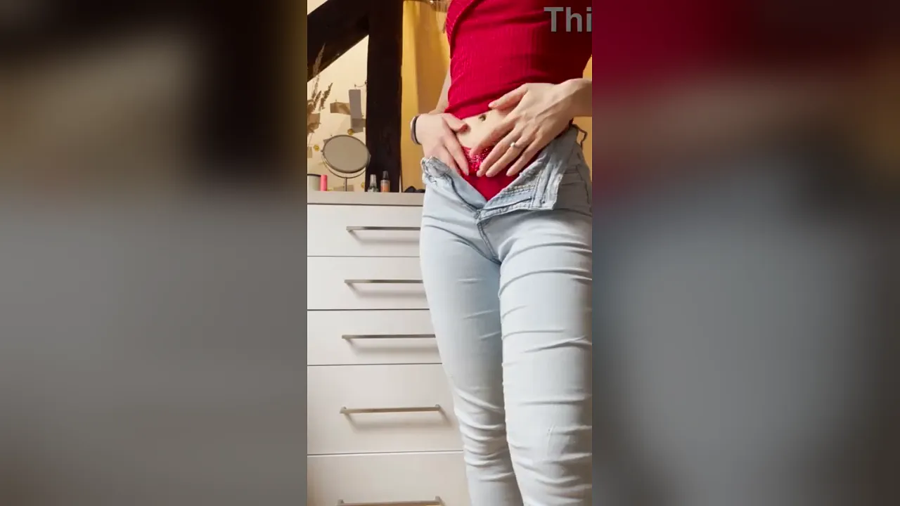 Petite blonde Foxy Lovers strips naked in tight jeans for a solo video