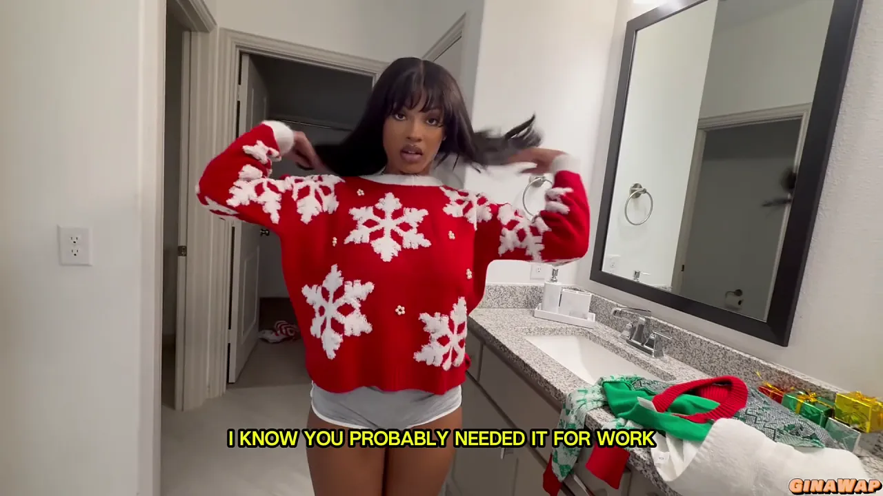 Stepbrother creampies petite step sister with cum on her big tits and Christmas sweater