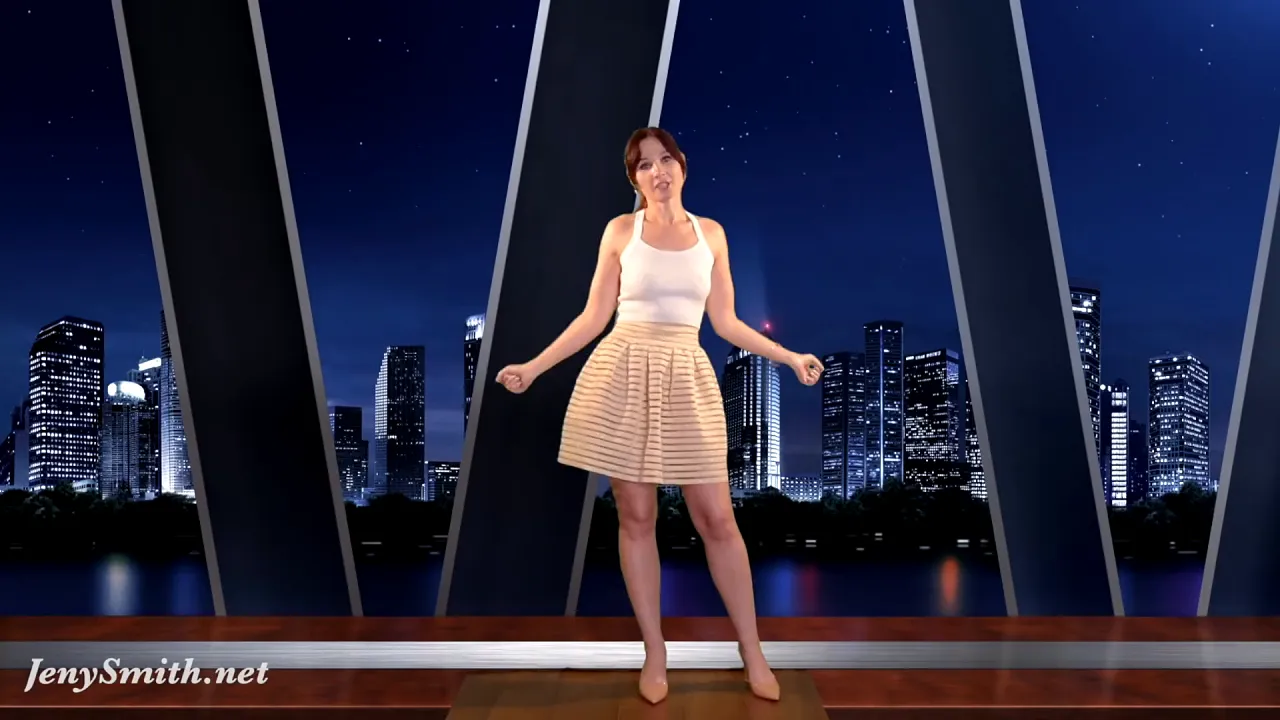 Brunette TV hostess Jeny Smith strips naked and masturbates on live news show