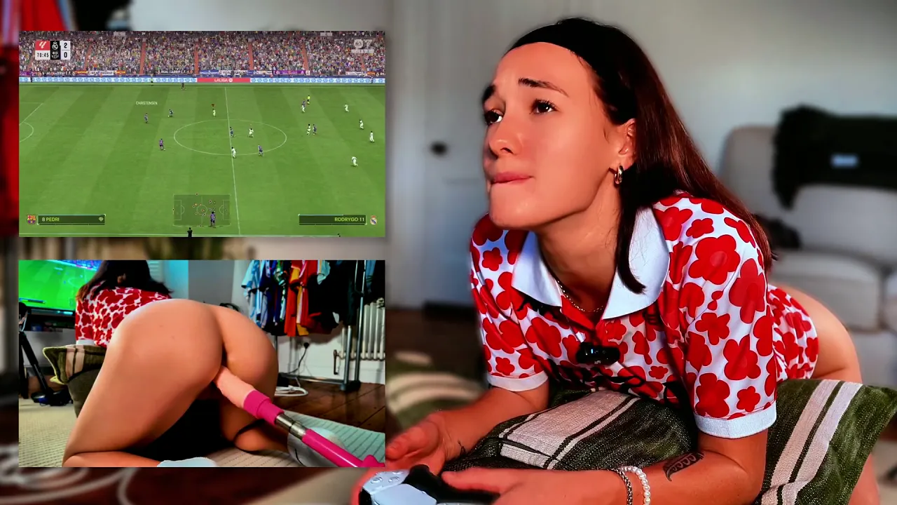 Petite tomboy babe uses dildo to masturbate while watching football game