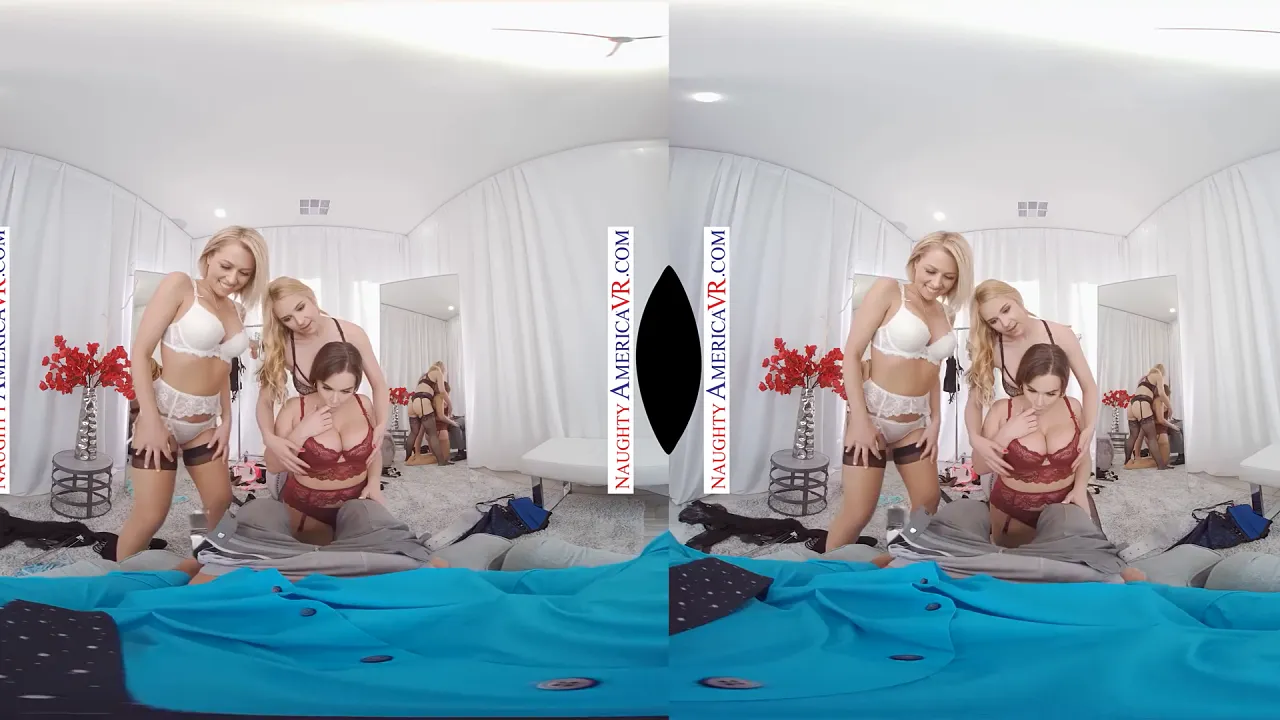 Natasha Nice, Sarah Vandella, and Zoey Monroe try on lingerie while Johnny Castle watches