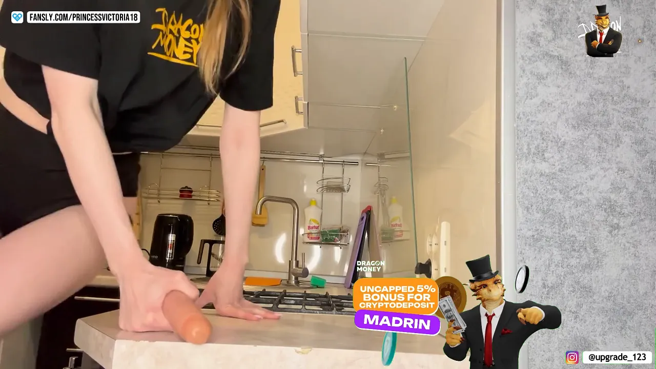 Mad Princess Victoria masturbates to orgasm on the kitchen table in lingerie