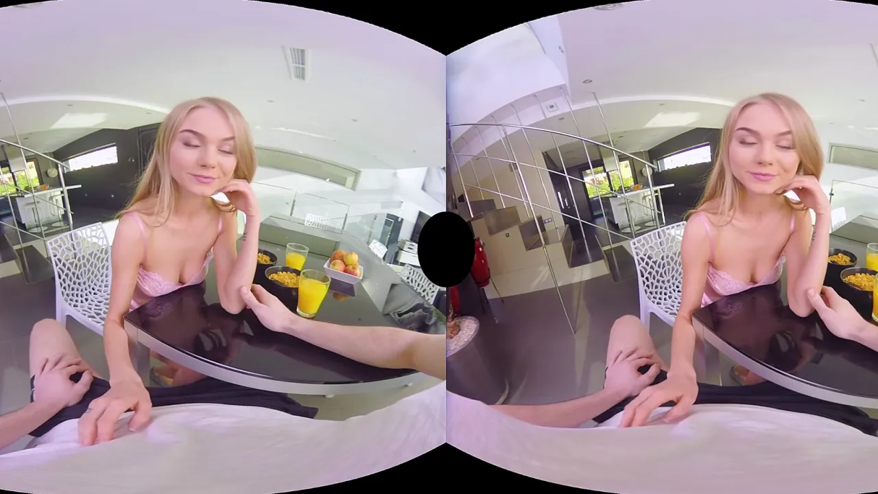 Virtual reality blonde gives long blowjob in 3D CGI breakfast scene