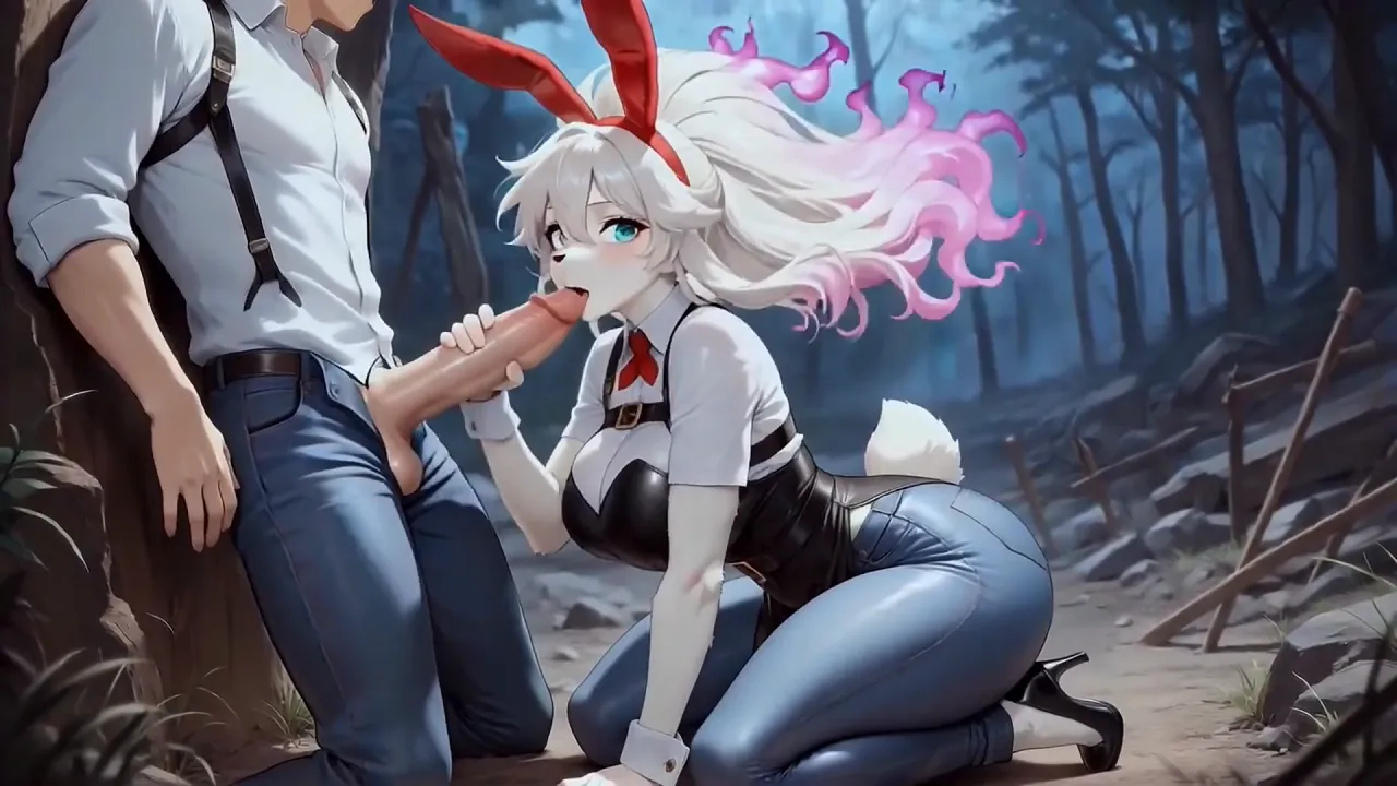 Cute bunny in forest gives handjob and blowjob to big cock