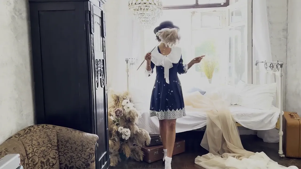 Tattooed Russian solo girl masturbates with big toys while dressed as Mary Poppins