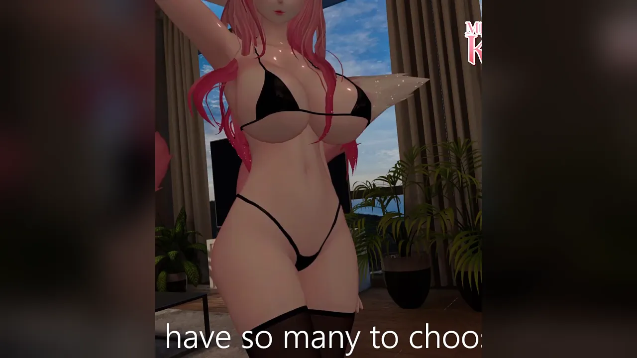 Virtual anime girl in tiny bikini gets wet and horny